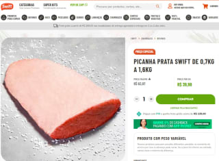 Picanha Prata da Swift de Peça de 0,7kg a 1,6kg - R$ 39,98 por KG