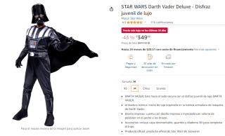 STAR WARS Darth Vader Deluxe Disfraz por $350 en Amazon