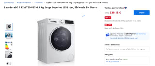 LG Lavadora B F2WT2008S3W, 8 kg, Carga Superior, 1151 rpm, Eficiencia B por 339,15€