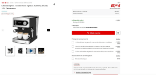 Cafetera express marca Cecotec Power Espresso 20, 850 W, 20 bares, 1.5 L, Plata y negro por 57,02€