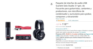 Paquete de interfaz de audio USB Scarlett Solo Studio 3.ª gen. de Focusrite por 118€