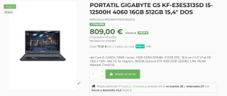 Portatil Gigabyte G5 KF-E3ES313SD con I5-12500H 4060 de 16GB 512GB 15,4" por 809€