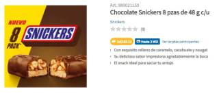2 Paquetes de 8 Chocolates Snickers por $182 en Sam's Club
