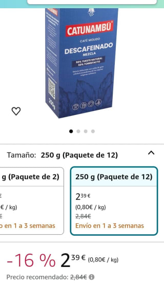 Pack de 12×250g Catunambú Café Molido Mezcla Descafeinado por 3,09€.