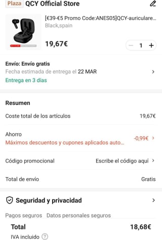 QCY-auriculares inalámbricos T13 ANC 18,68€