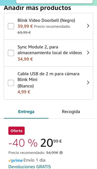 Blink Mini Cámara de seguridad inteligente compacta, interior por 20,99€.