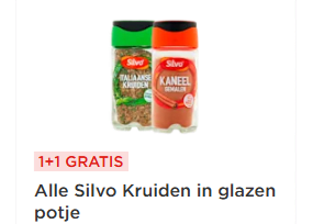 1+1 gratis op alle Silvo Kruiden in glazen potje bij de Plus.