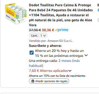 Dodot Toallitas Pure Calma & Protege Para Bebé 24 Paquetes De 46 Unidades =1104 Toallitas por 30,36€
