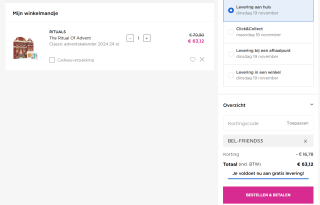 21% korting op alles bij Ici Paris XL, bv de Rituals adventskalender voor €63,12