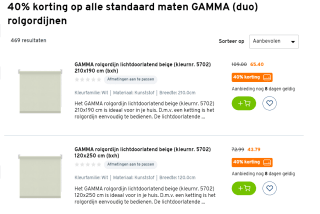 Op alle standaard maten GAMMA (duo) rolgordijnen 40% korting bij de Gamma