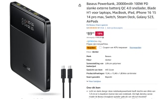 Baseus Powerbank, 20000mAh 100W PD slanke externe batterij QC 4.0 snellader voor €53,99 bij Amazon