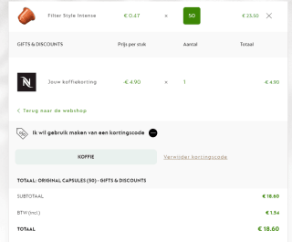 Nespresso kortngscode voor €4,90 korting op je bestelling