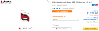 SSD Kingston NV2 NVMe 2TB por $1,289 en CyberPuerta