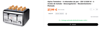 Tostadora de 4 rebanadas y 6 niveles de tostado por 27.99€