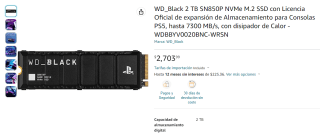 SSD Western Digital Black 2 TB SN850P NVMe M.2 a $2,704 en Amazon
