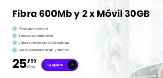 Fibra 600 MB simétrica + dos líneas 30GB + llamadas ilimitadas por 25,90€/mes