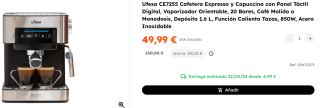 Cafetera Expresso y Capuccino con Panel Táctil Digital Ufesa CE7255 , Vaporizador Orientable, 20 Bares, Café Molido o Monodosis, Depósito 1.6 L, Función Calienta Tazas, 850W, Acero Inoxidable por 49.99€