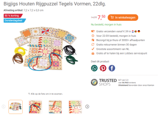 Bigjigs Houten Rijgpuzzel Tegels Vormen, 22dlg. voor €7,50 bij Lobbes