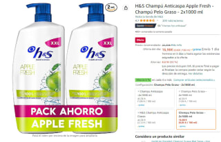 Pack 2 H&S Champú Anticaspa Apple Fresh de 1 litro por 15,28€