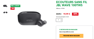 Ecouteurs sans fil JBL Wave 100TWS à 19,99€