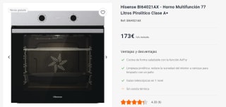 Hisense BI64021AX Horno Multifunción 77 Litros Pirolítico Clase A+ por 173€