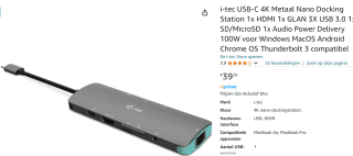 i-tec USB-C Metal Nano Docking Station 4K HDMI LAN + Power Delivery 100W voor €39,29 bij Amazon