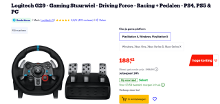 Logitech G29 - Gaming Stuurwiel - Driving Force - Racing + Pedalen voor €188,42 bij Bol