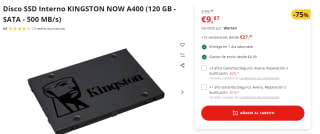 Disco SSD Interno Kingsston Now A400 - 120 GB - SATA - 500 MB/s por 9.87€