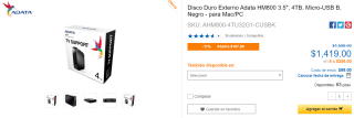 Disco Externo Adata HM800 3.5" 4TB por $1,419 en CyberPuerta