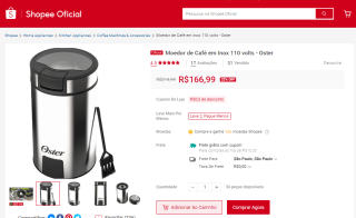 Moedor de Café da Oster, modelo em Inox de 110 volts - R$ 166,99