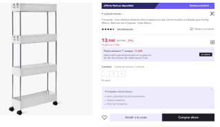 Carro Multiuso Auxiliar con Ruedas Almacenamiento Cocina Baño Estrecho por 8.36€