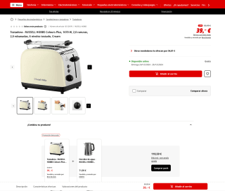 Tostadora RUSSELL HOBBS Colours Plus 1670W 2,0 ranuras 2,0 rebanadas 6 niveles tostado Cream por solo 39€