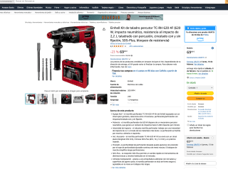 Einhell Kit de taladro percutor TC-RH 620 4F 620 W impacto neumático de 2,2 por 69€