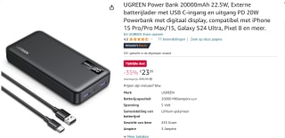 UGREEN Power Bank 20.000mAh 22.5W voor €23,99 bij Amazon