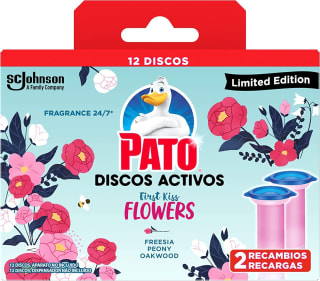 PATO Discos Activos WC First Kiss Flowers, Limpia y Desinfecta, Pack de 2 Recambios por 2.9€