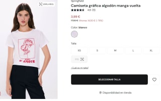Camiseta gráfica de algodón de manga vuelta para Mujer Springfield por 3.9€