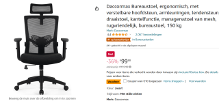 Daccormax ergonomische Bureaustoel voor €89,88 bij Amazon
