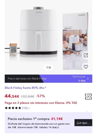 InnovaGoods® Freidora de aire sin Aceite 2L por 31,18€.