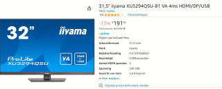 iiyama ProLite XU3294QSU-B1 32" Quad HD VA monitor voor €191,56 bij Amazon