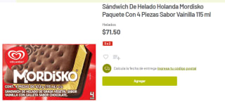 3x2 en Sándwich de Helado Holanda Mordisko pack x4 por $143