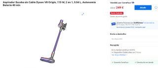 Aspirador Escoba sin Cable Dyson V8 Origin, 115 W, 2 en 1por 249€