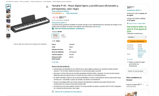 Teclado YAMAHA P45 de 88 teclas contrapesado a tan solo 301€