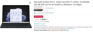 Microsoft Surface Pro 9 - (Intel Core EVO i7-1255U, 16 GB RAM, 256 GB SSD con Iris Xe Graphics y Windows 11) por 1099€