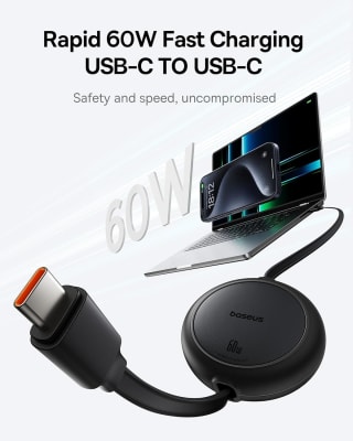 Baseus intrekbare USB-C Kabel 60W 1M USB C naar USB C voor €7,99 bj Amazon