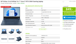 HP Victus 16-d1495nd 16.1" Core i7 RTX 3060 gaming laptop voor €849 bij Megekko
