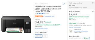 Impresora Epson EcoTank L3250 por $4,038 en Mercado Libre