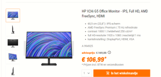 HP Full HD monitor V24I G5 - 60,5 cm (23.8") - 1920 x 1080 Pixels - Zwart voor €106,99 bij Nbb