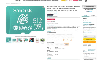 Tarjeta SanDisk 512GB microSDXC para Nintendo Switch hasta 100 MB/s UHS-I Class 10 U3 por solo 50,99€