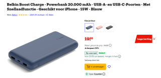 Belkin draagbare 20K mAh USB-C-lader, powerbank 20000 mah voor €19,99 bij Bol