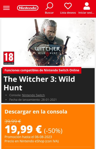 The Witcher 3: Wild Hunt Nintendo Switch por 19,99€.